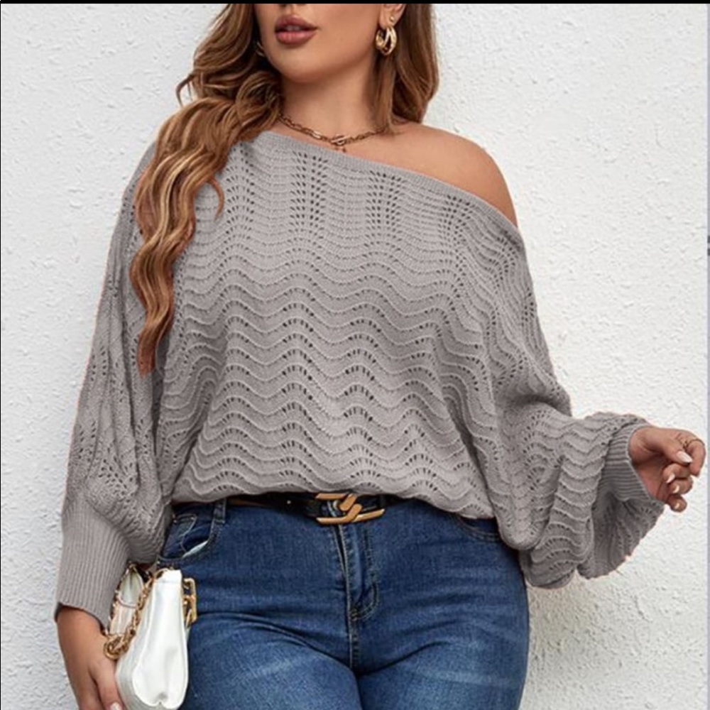 Plus Off Shoulder Asymmetrical Neck Batwing Cuff Sleeve Sweater Top - Picture 7 of 13